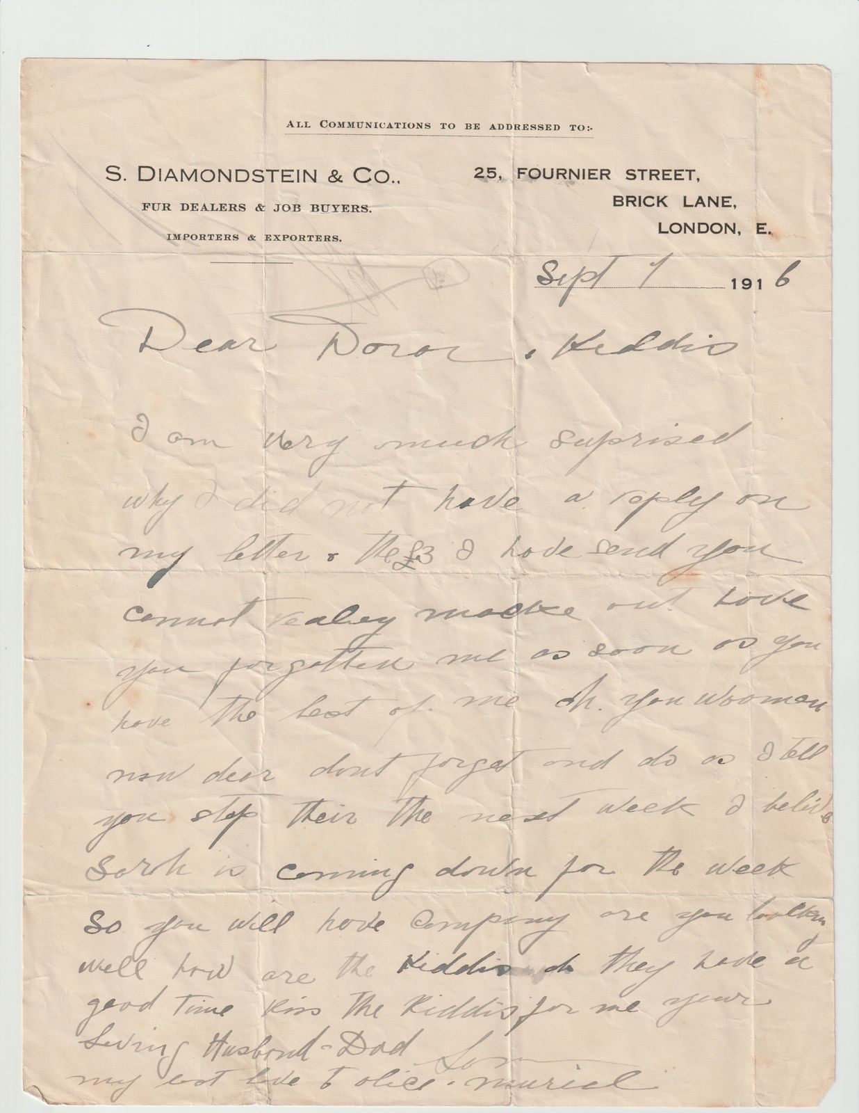 Letter from S Diamondstein and Co to Dora Kiddie