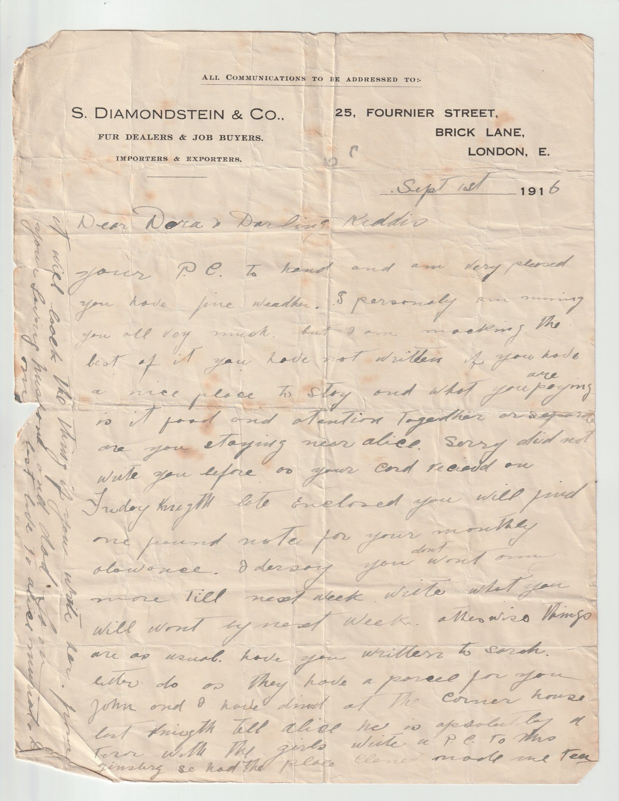 Letter from S Diamondstein to Dora About Weather Money and Social Updates