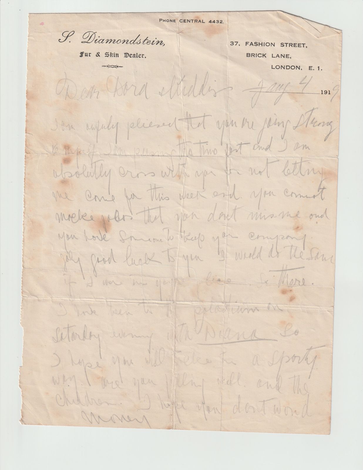 Diamondstein Letter to Dora (Page 1)