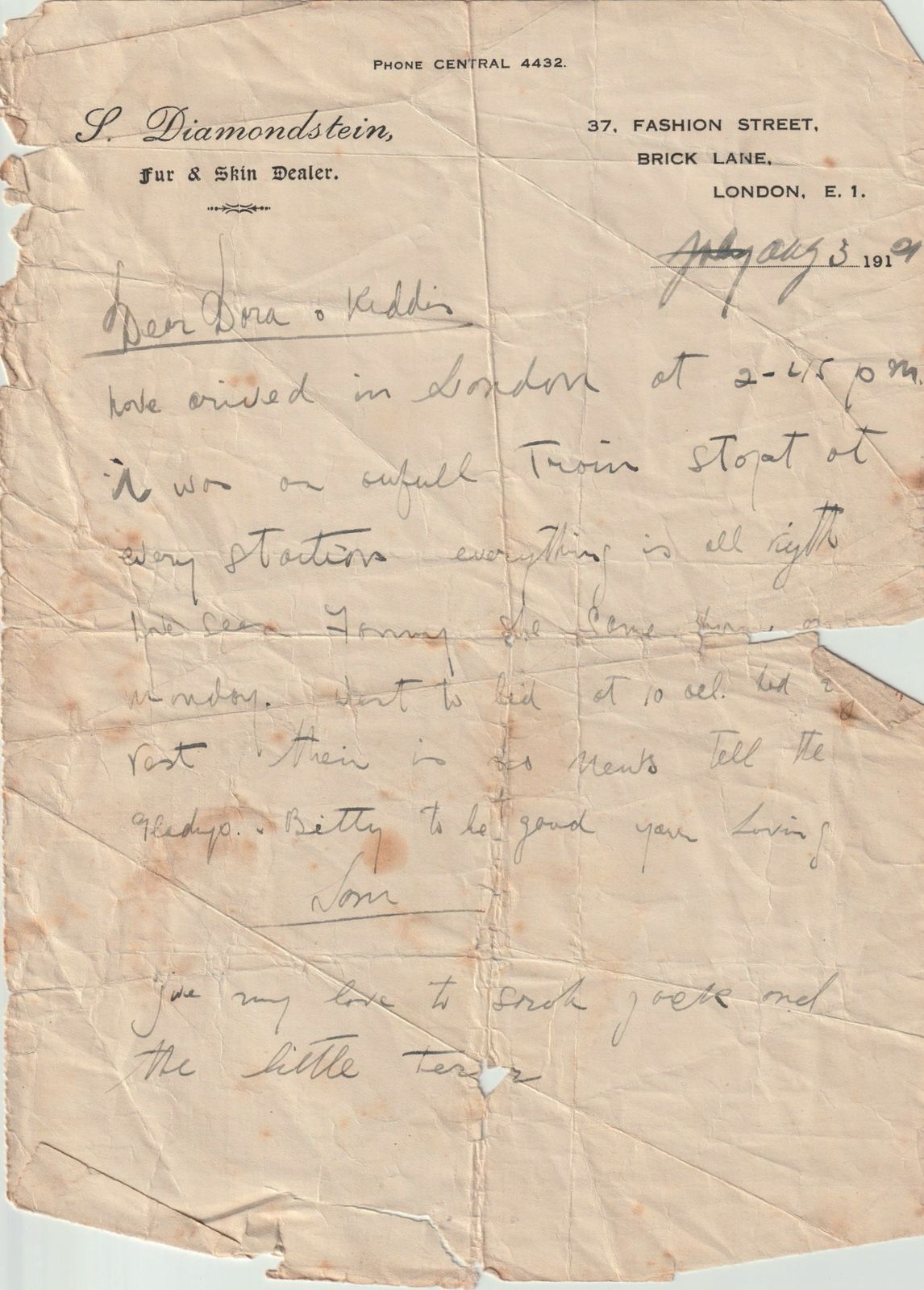 Diamondstein Letter to Dora Kiddies (Aug 1919)