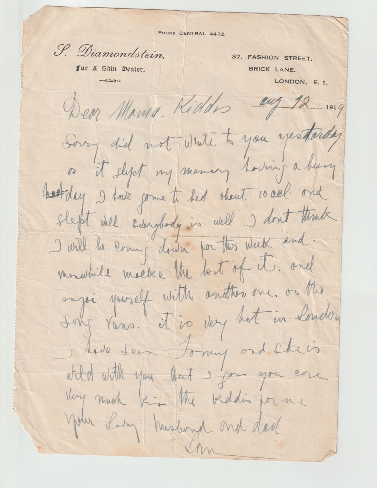 Diamondstein Letter to Mama Kiddis
