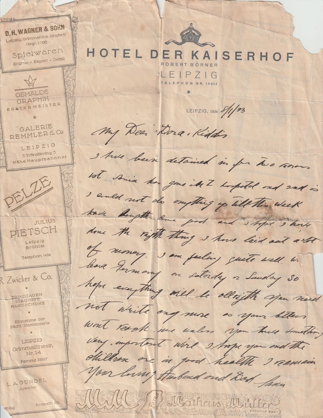 Hotel Der Kaiserhof Leipzig Letter (8 Jan 1923)