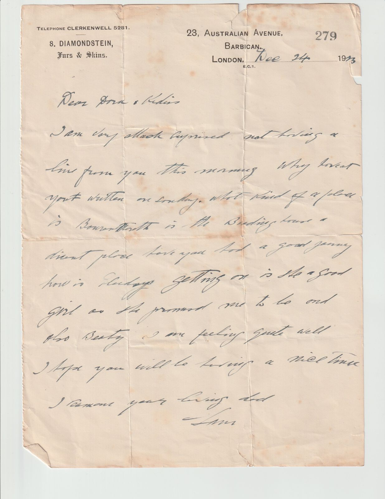 Diamondstein Letter to Dora and Kiddies