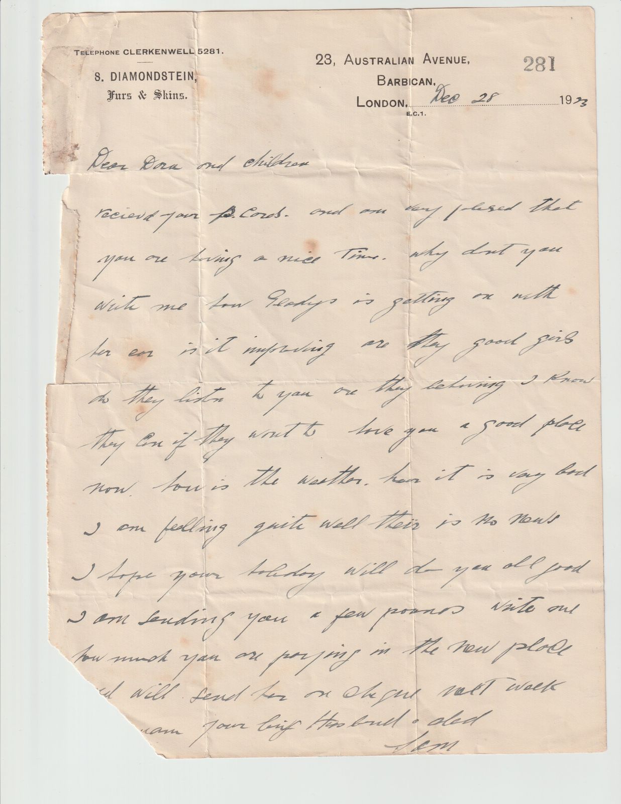 Diamondstein Letter to Dora and Children