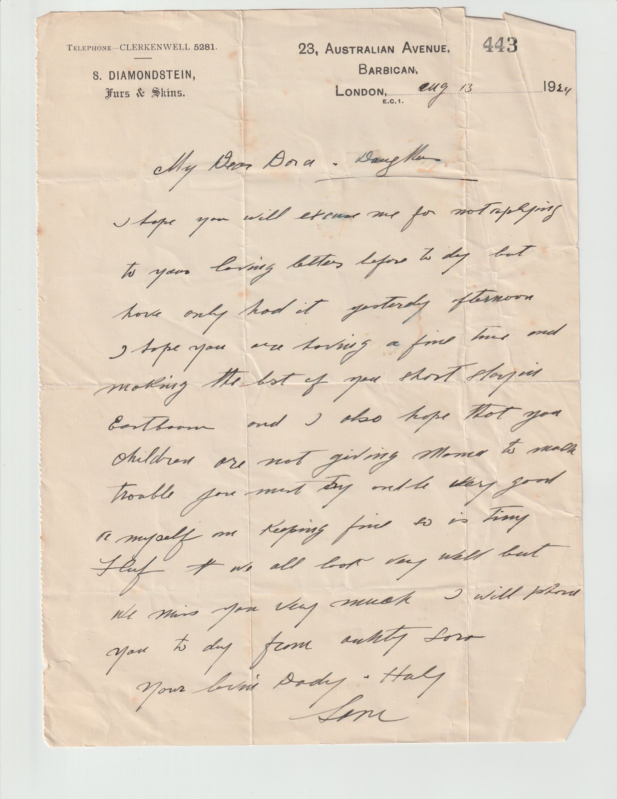Diamondstein Letter to Dora Daughters