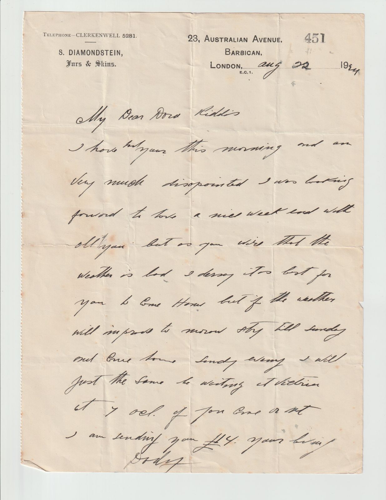 Diamondstein Letter to Dora Kiddis (Aug 1924)