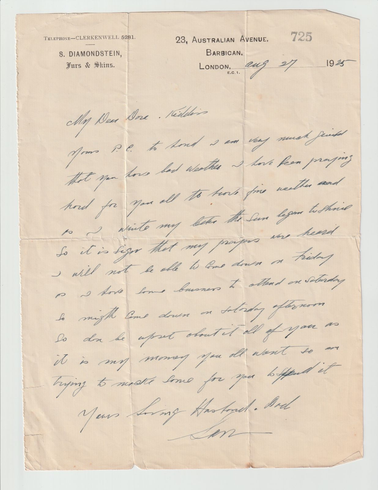 Diamondstein Letter to Dora Kiddies (Aug 1925)