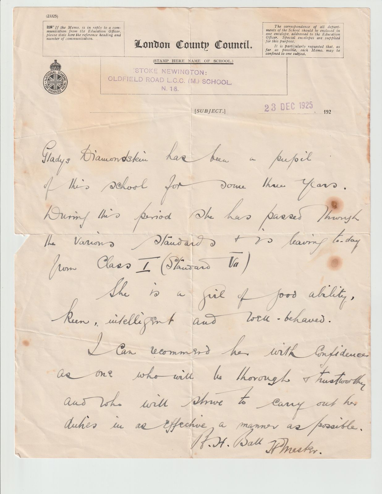 Gladys Diamondstein School Reference