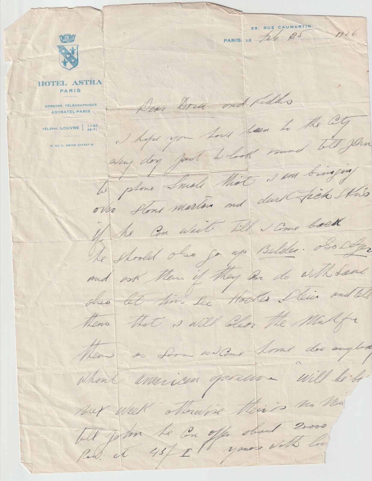 Hotel Astra Paris Letter