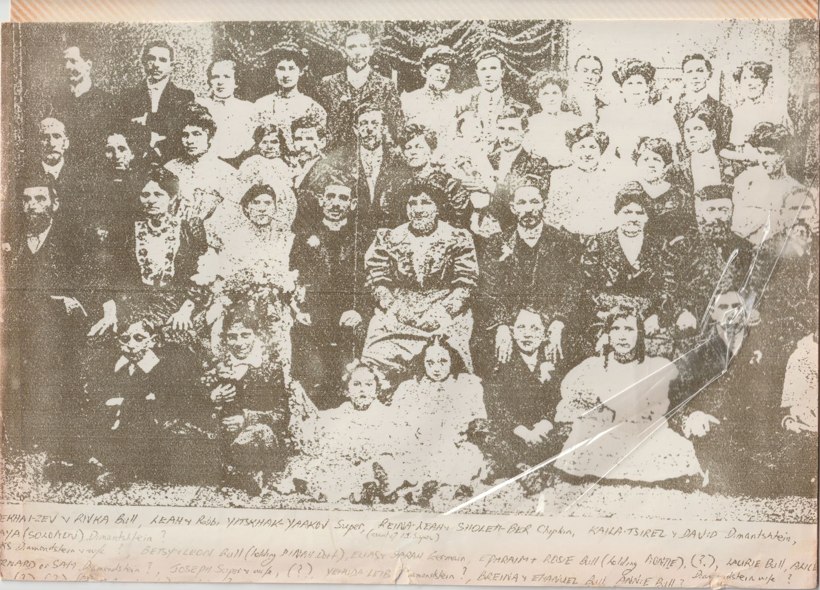 A large, heavily degraded photocopy of an extended-family group photo, 30-40+ people, with a handwritten legend naming most of those pictured -- including "Kajla-Tsirel y David Dimantshtein." The same source photo David and Keila-Tsirel's individual headshot crops came from.