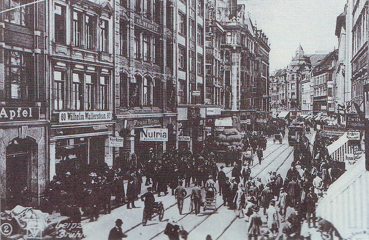 A street in Leipzig's Brühl district, the historic centre of the European fur trade, with period shop signage.