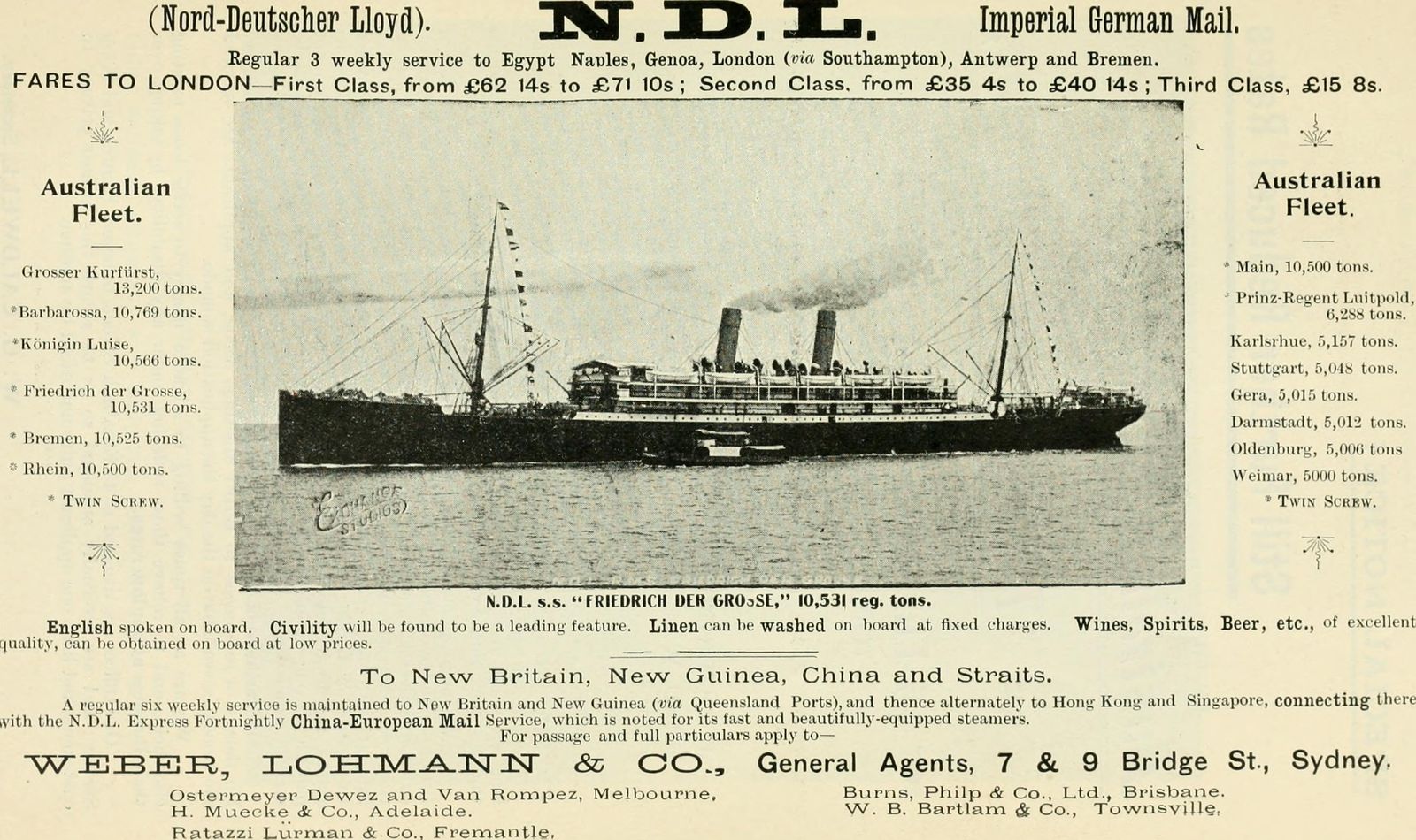 The steamship SS Friedrich der Grosse at sea, in a period advertisement.
