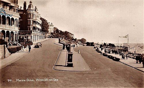 Marine Drive at Westcliff-on-Sea, a row of seafront buildings along the promenade, 1930.