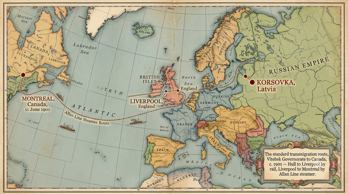 Korsovka to a Channel port overland, then Atlantic crossing by Allan Line steamer to Montreal — the standard path for Jewish emigration from the Pale in this period.