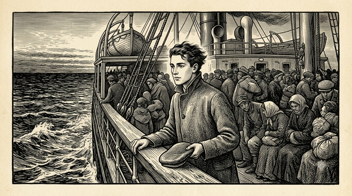 Sam's crossing to Montreal, 1901 — alone, around eighteen to twenty-one, on an emigrant-line ship.